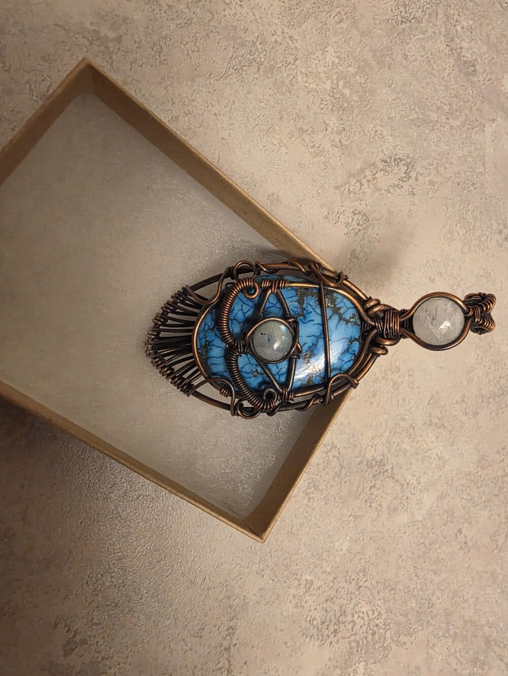 Copper Wire Wrapped Turquoise Pendant with Moonstone Accent - Picture 3 of 3